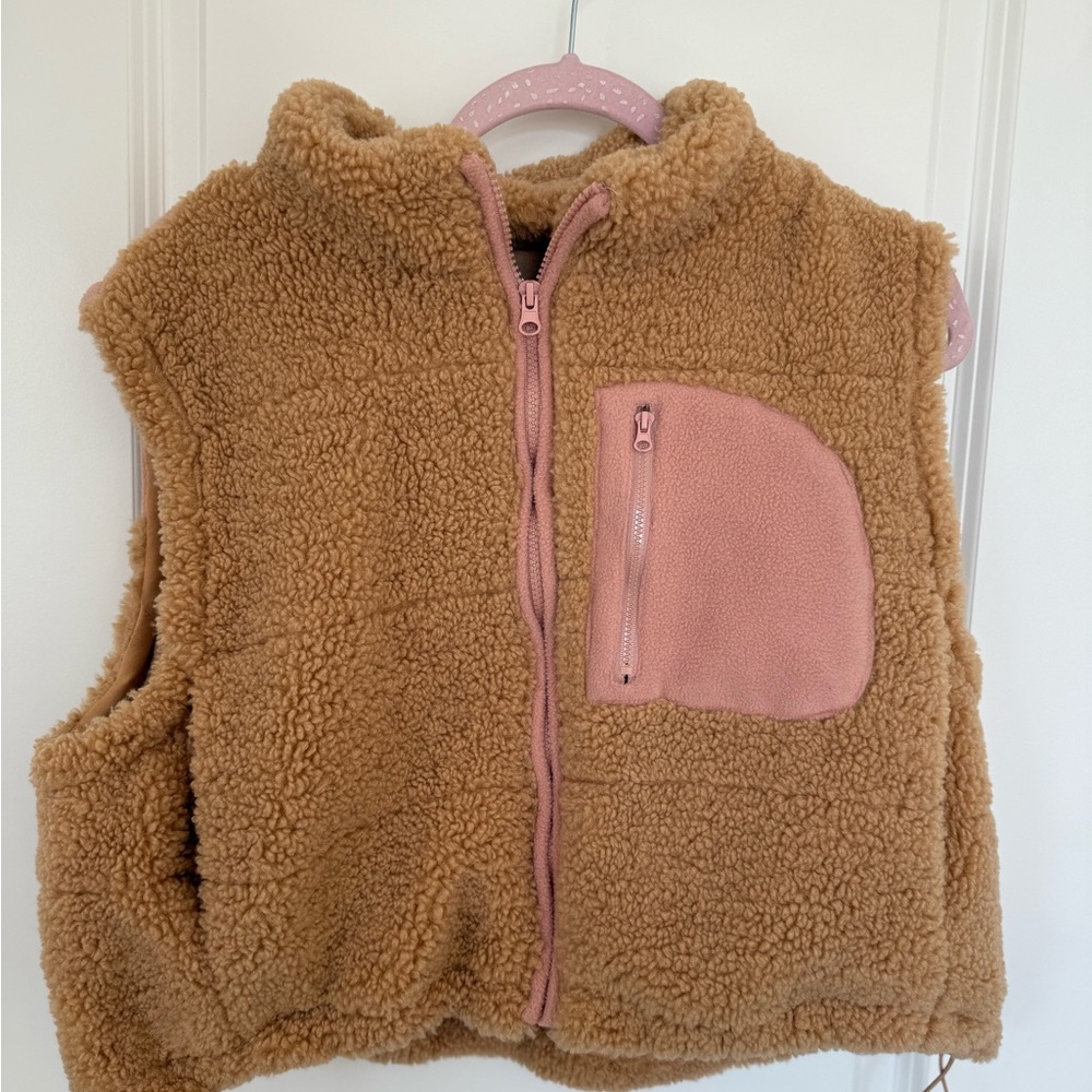 Arula Tan Sherpa Vest with Pink Details